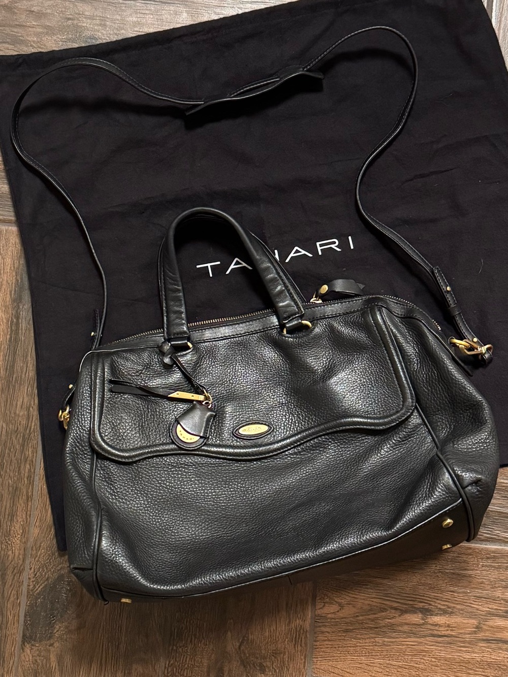 Tahari Black Pebbled Leather Convertible Satchel with Gold Hardware